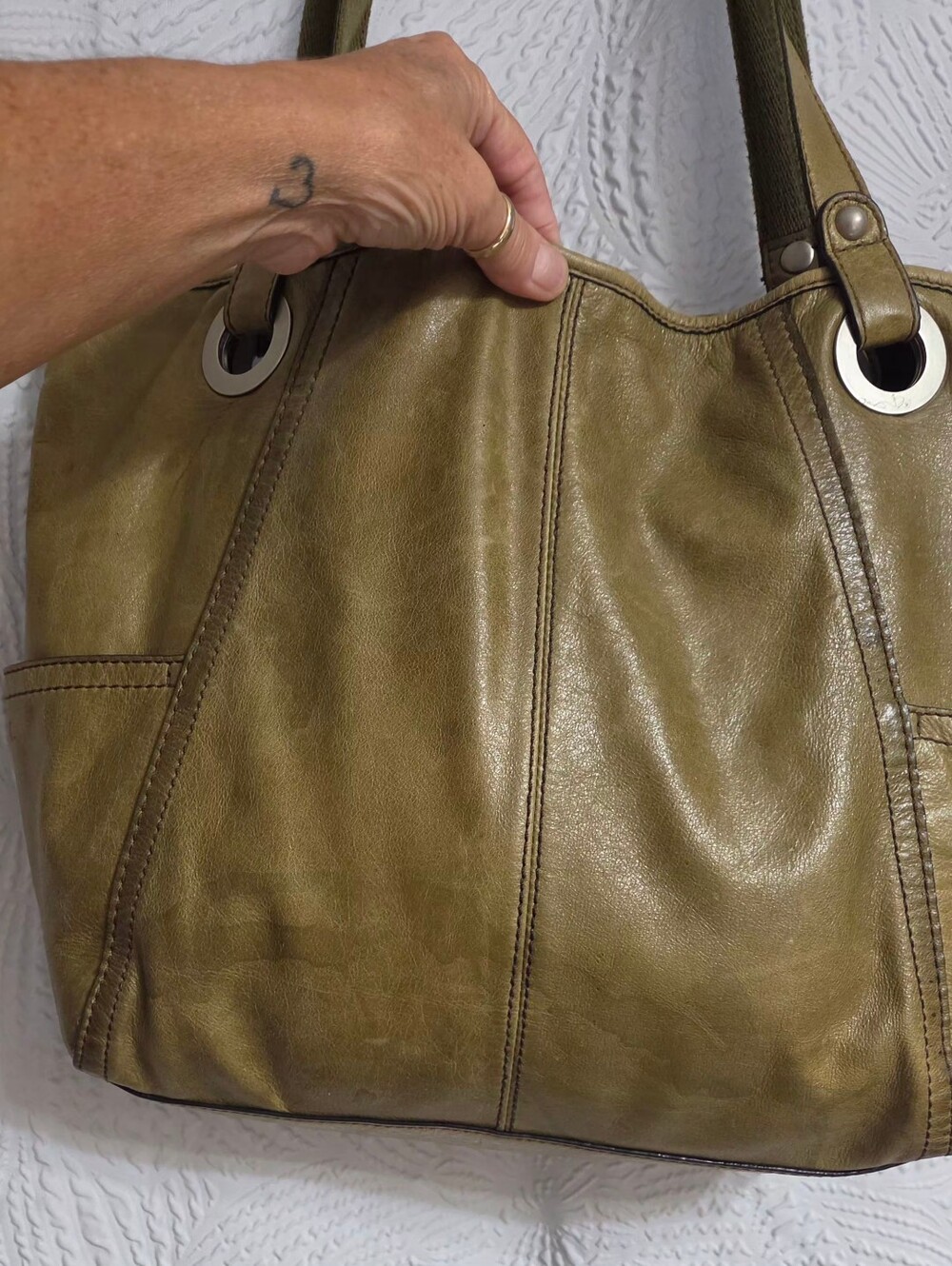 Vintage Fossil Olive Leather Tote with Silver Hardware